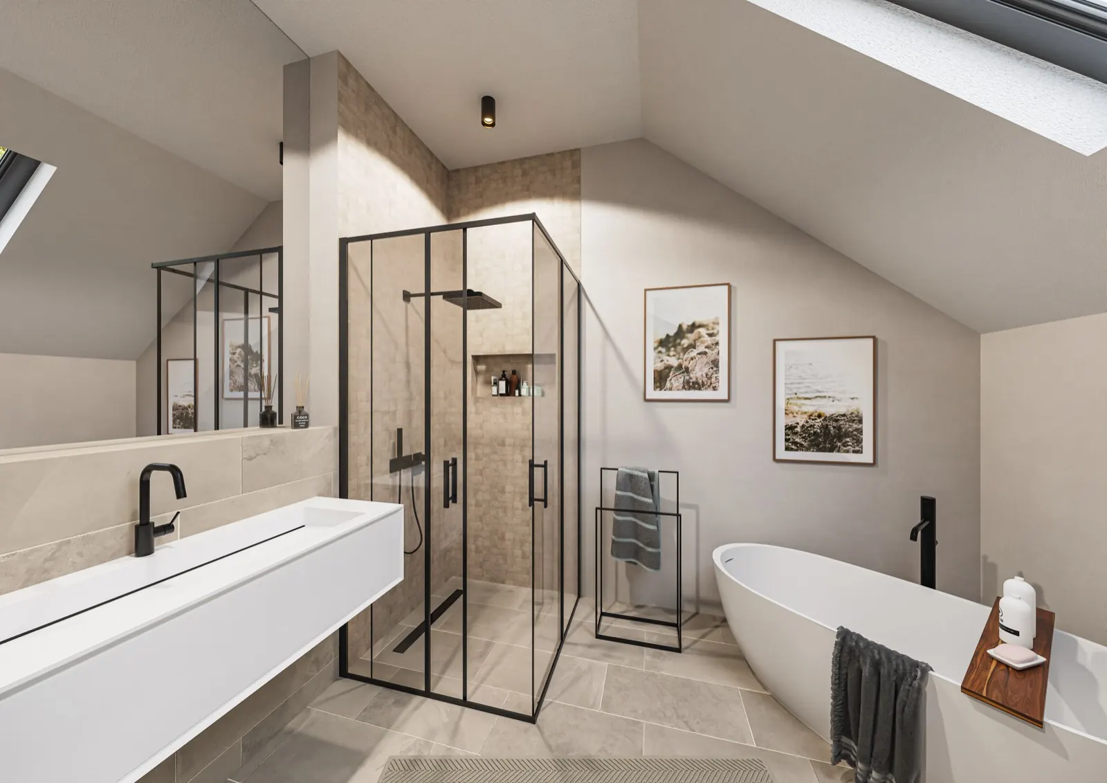 Badezimmer im Dachgeschoss – Neubau-Doppelhaushälfte im Graf-Arnulf-Park, Karlsfeld