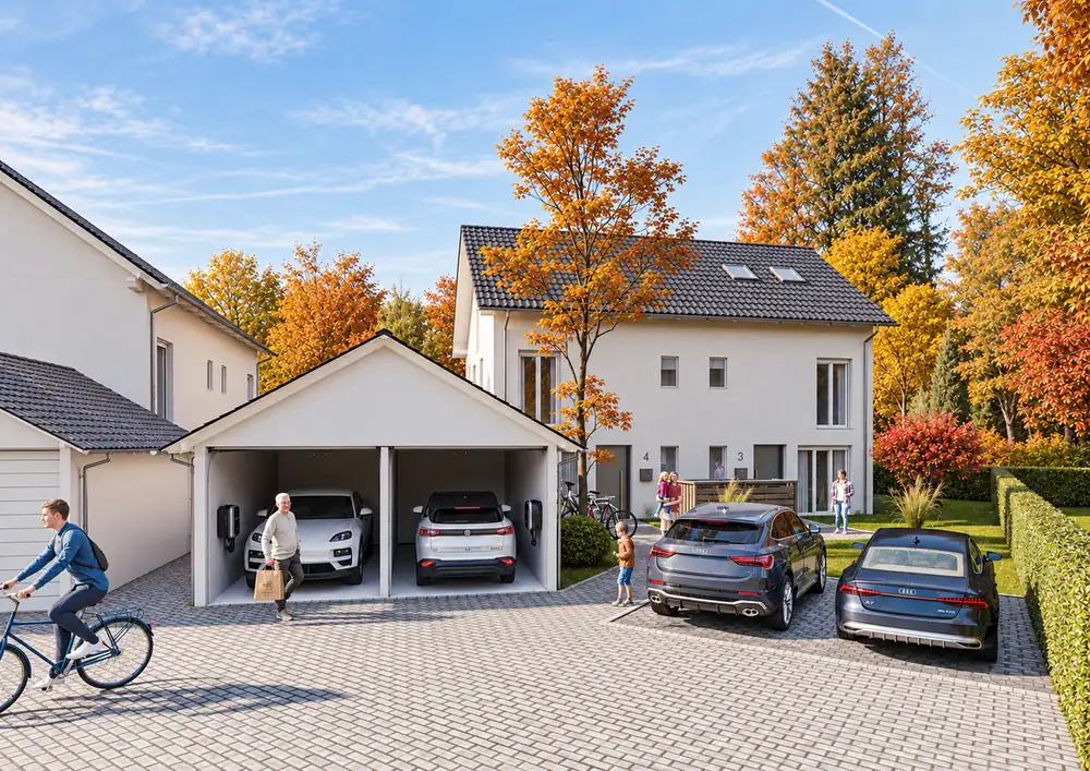 Einfahrt der Doppelhaushälfte in Karlsfeld mit Doppelgarage und E-Ladestationen
