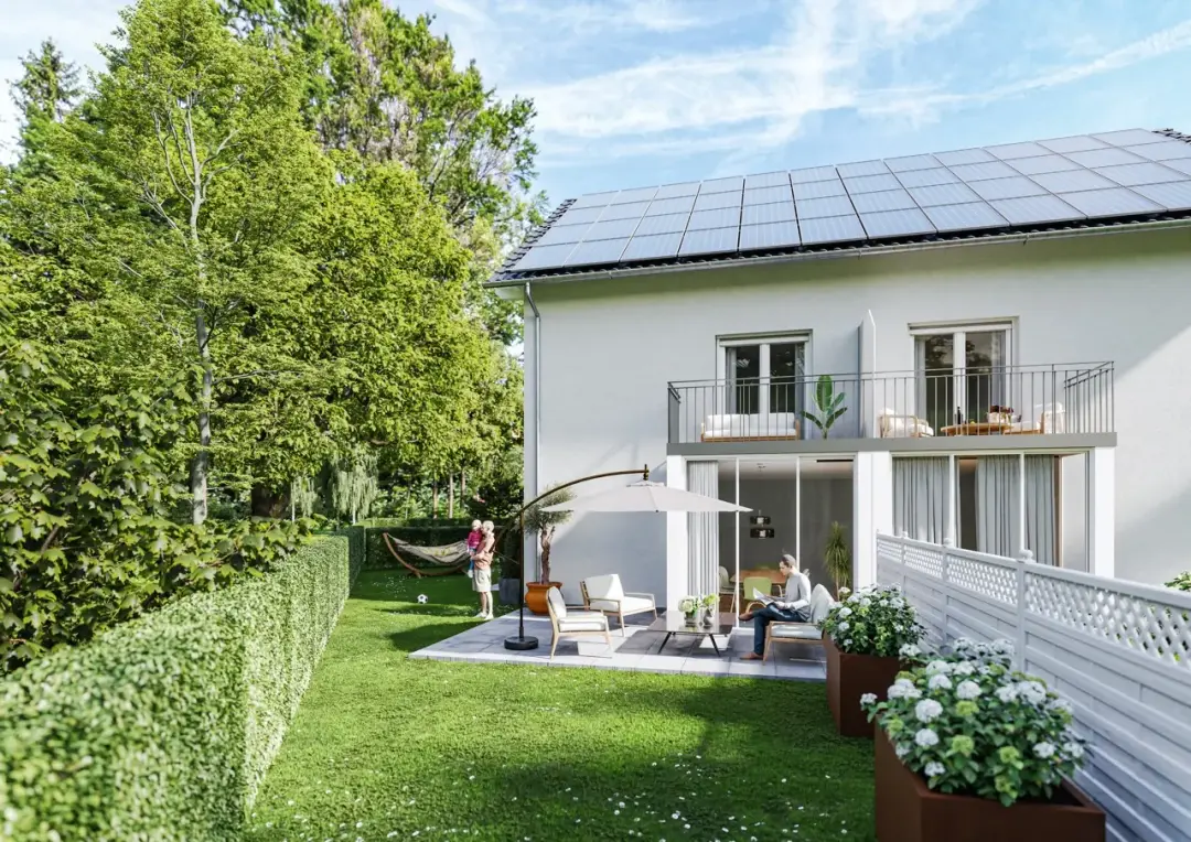 Garden view of the semi-detached house in Graf-Arnulf-Park, Karlsfeld