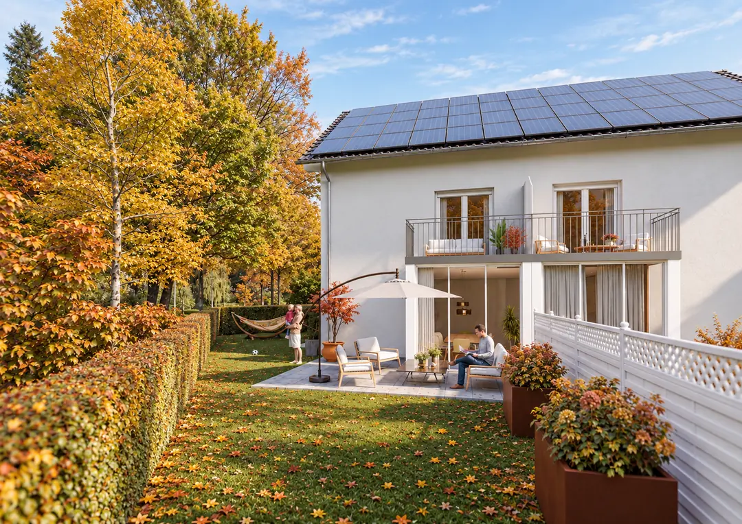 Garten und Terrasse der Doppelhaushälfte im Graf-Arnulf-Park, Karlsfeld